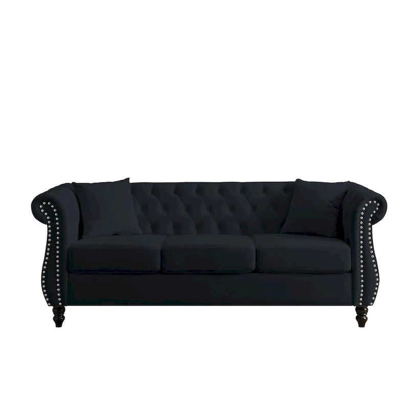 Canapé Chesterfield 3 places capitonné avec accoudoirs roulés et clous décoratifs