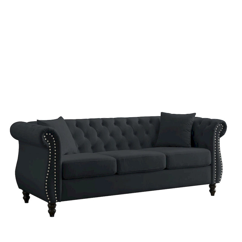 Canapé Chesterfield 3 places capitonné avec accoudoirs roulés et clous décoratifs