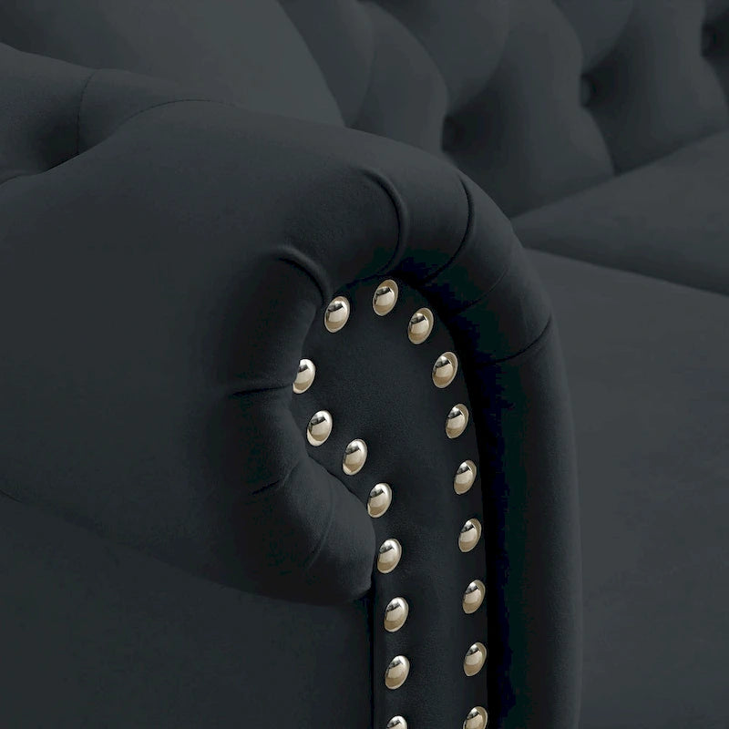 Canapé Chesterfield 3 places capitonné avec accoudoirs roulés et clous décoratifs