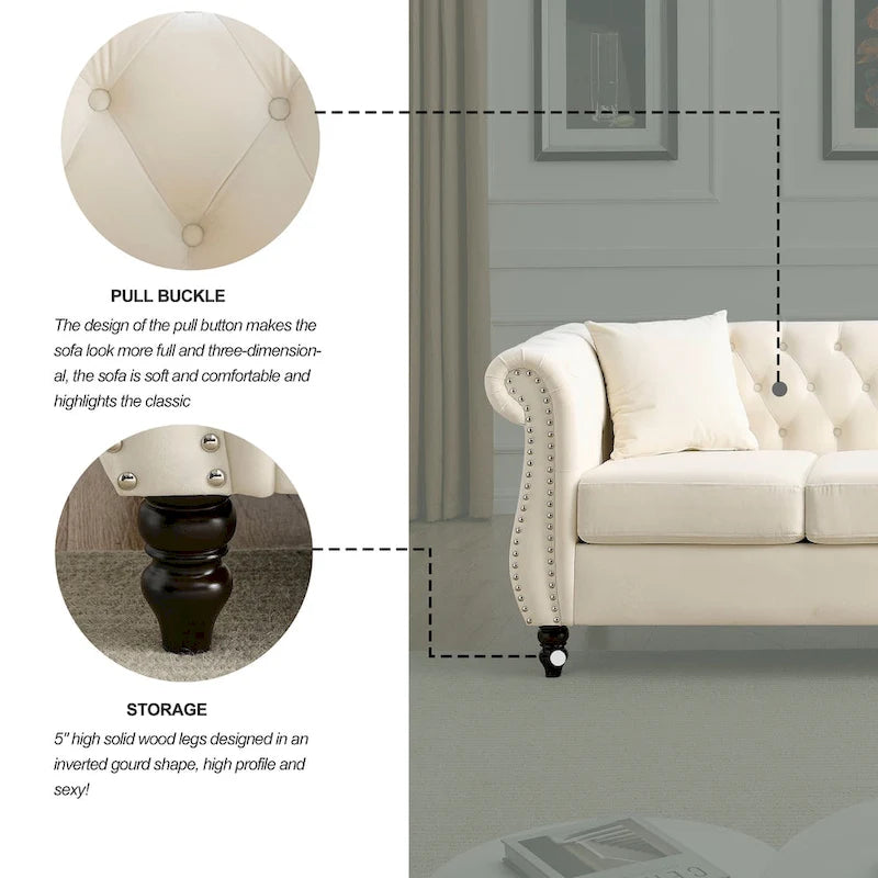 Canapé Chesterfield 3 places capitonné avec accoudoirs roulés et clous décoratifs