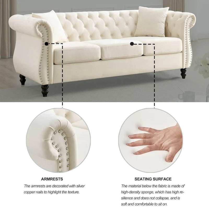 Canapé Chesterfield 3 places capitonné avec accoudoirs roulés et clous décoratifs