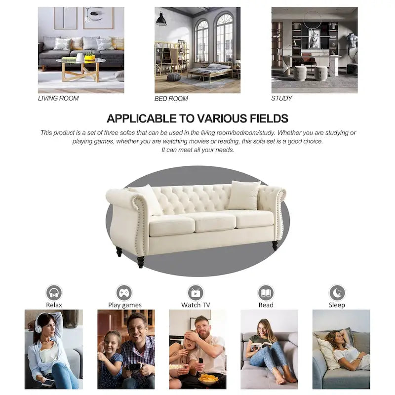 Canapé Chesterfield 3 places capitonné avec accoudoirs roulés et clous décoratifs