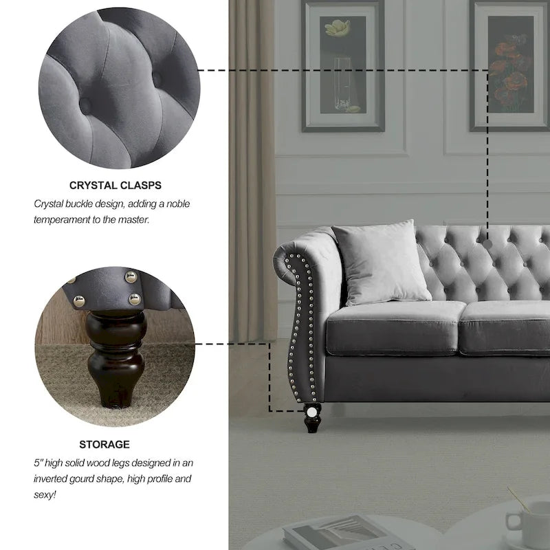 Canapé Chesterfield 3 places capitonné avec accoudoirs roulés et clous décoratifs