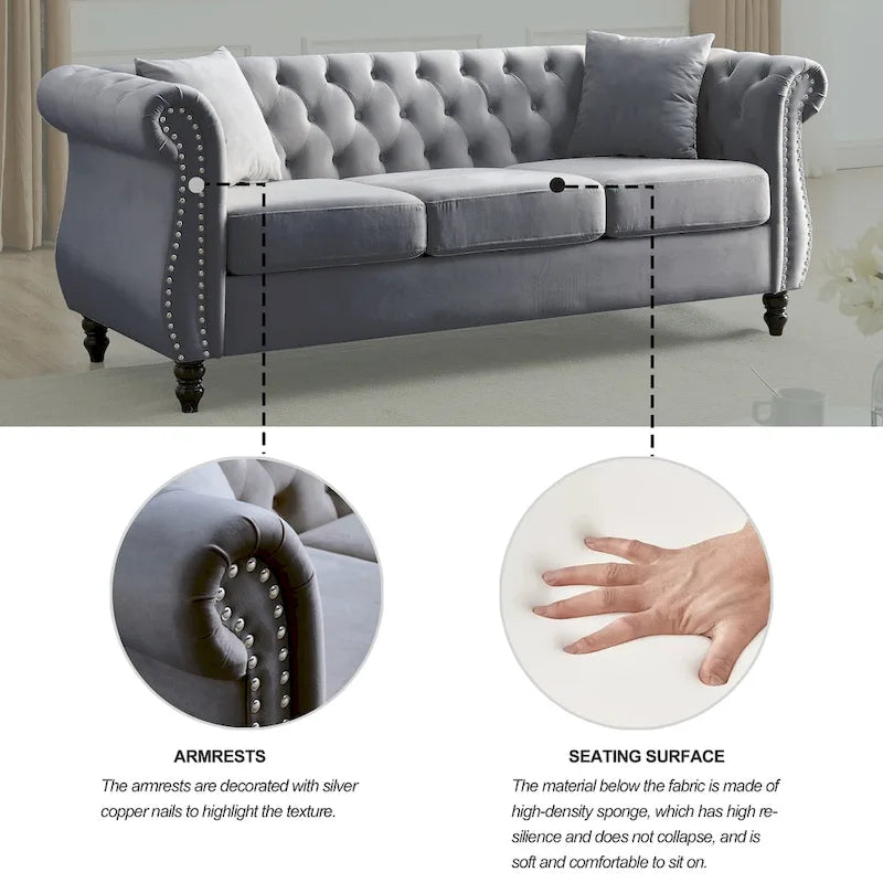 Canapé Chesterfield 3 places capitonné avec accoudoirs roulés et clous décoratifs