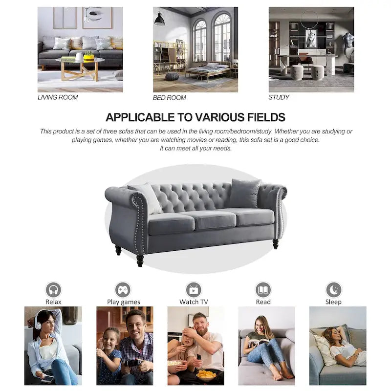 Canapé Chesterfield 3 places capitonné avec accoudoirs roulés et clous décoratifs