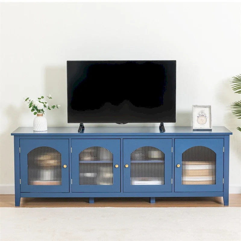 Meuble TV 71" avec Cadre en Bois Massif, Porte en Verre Arc-en-ciel, Poignée en Métal