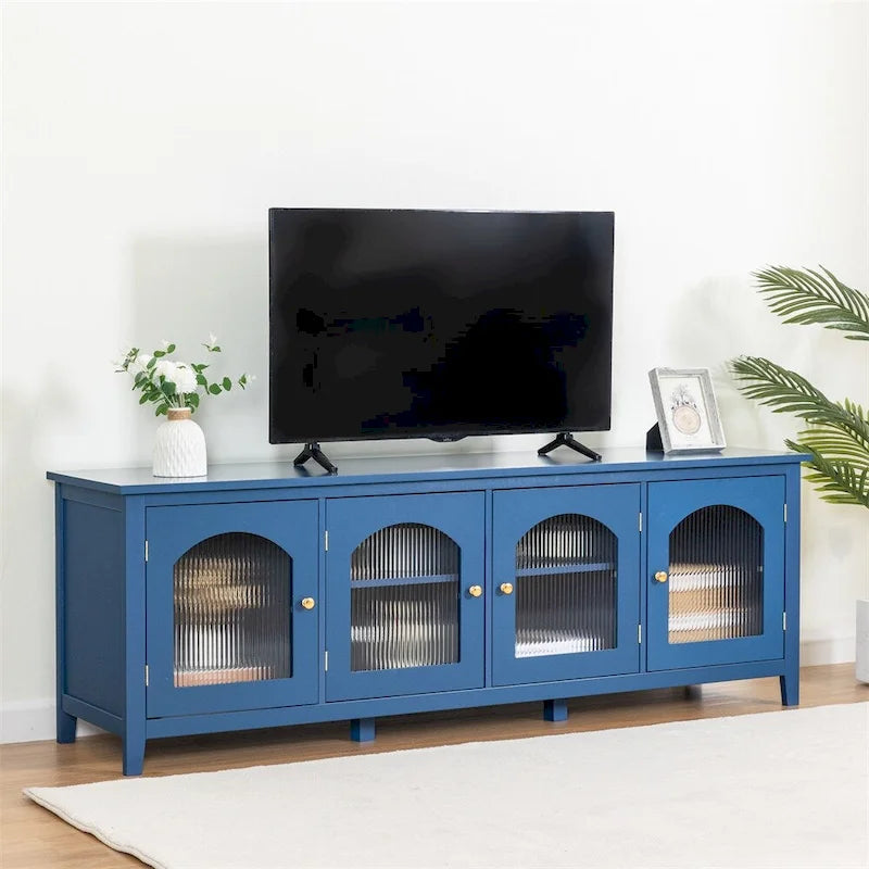 Meuble TV 71" avec Cadre en Bois Massif, Porte en Verre Arc-en-ciel, Poignée en Métal