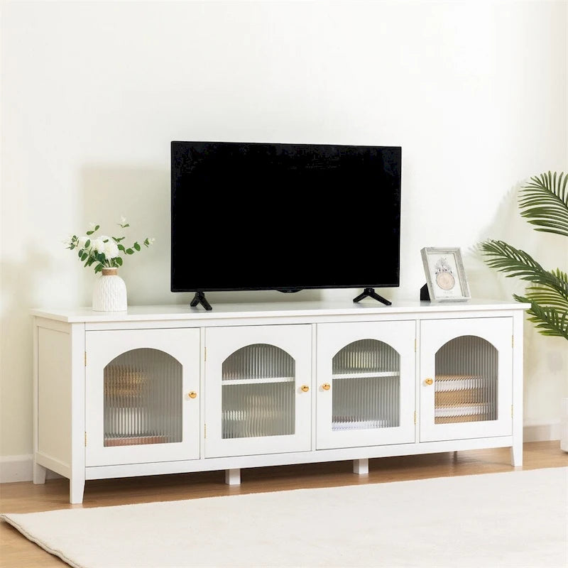 Meuble TV 71" avec Cadre en Bois Massif, Porte en Verre Arc-en-ciel, Poignée en Métal