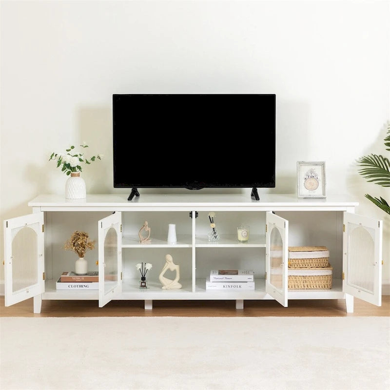 Meuble TV 71" avec Cadre en Bois Massif, Porte en Verre Arc-en-ciel, Poignée en Métal