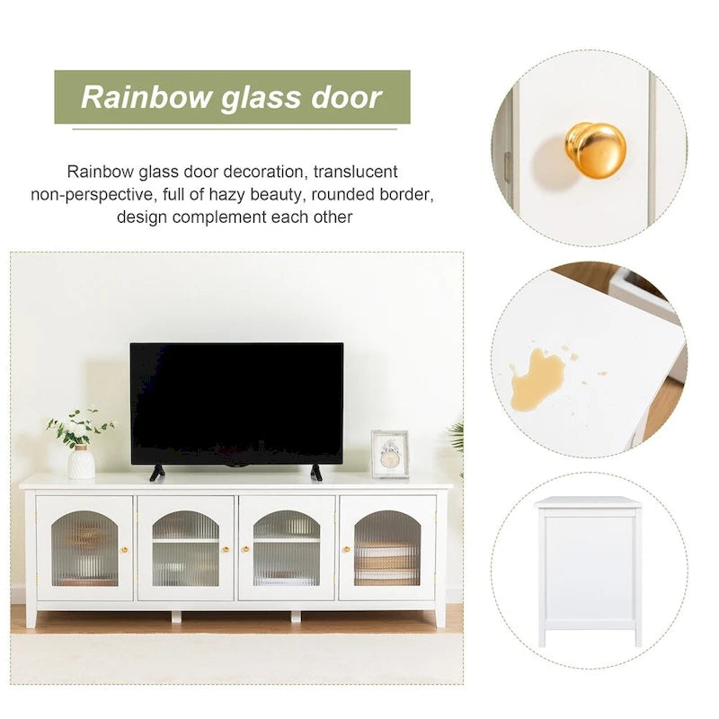 Meuble TV 71" avec Cadre en Bois Massif, Porte en Verre Arc-en-ciel, Poignée en Métal