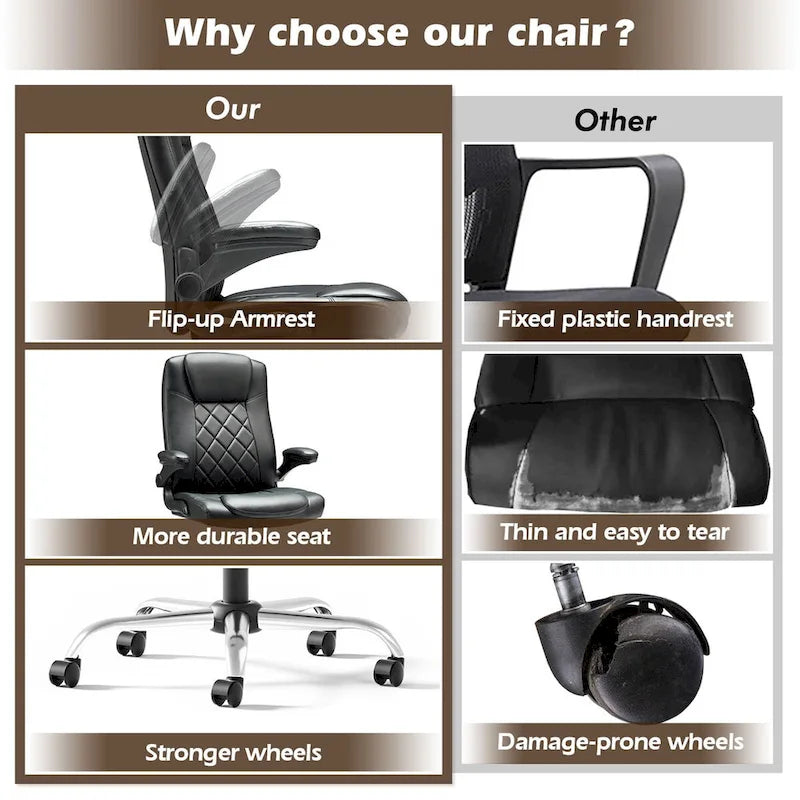 Fauteuil de bureau pivotant en similicuir PU avec accoudoirs relevables ergonomique