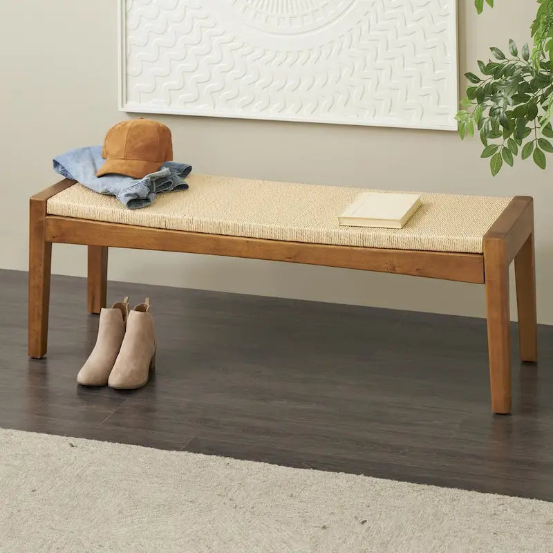 Banc d'intérieur traditionnel fait main en bois avec assise en corde tressée - Marron