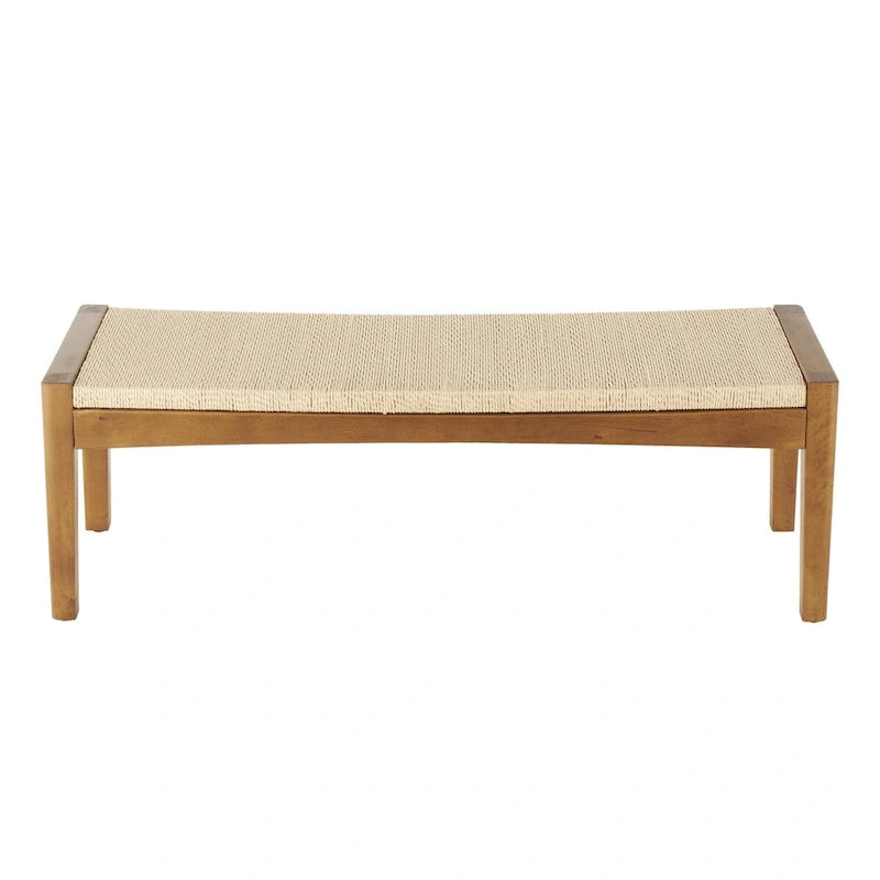 Banc d'intérieur traditionnel fait main en bois avec assise en corde tressée - Marron