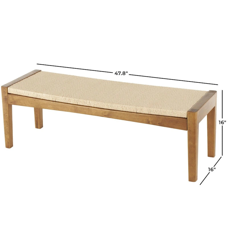 Banc d'intérieur traditionnel fait main en bois avec assise en corde tressée - Marron