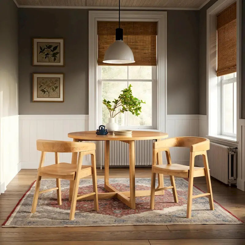 Table à manger moderne ronde en bois massif avec piètement géométrique