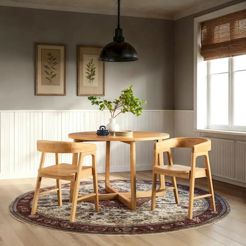 Table à manger moderne ronde en bois massif avec piètement géométrique