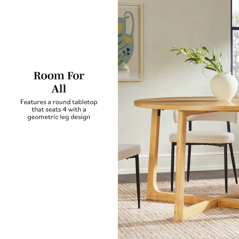 Table à manger moderne ronde en bois massif avec piètement géométrique