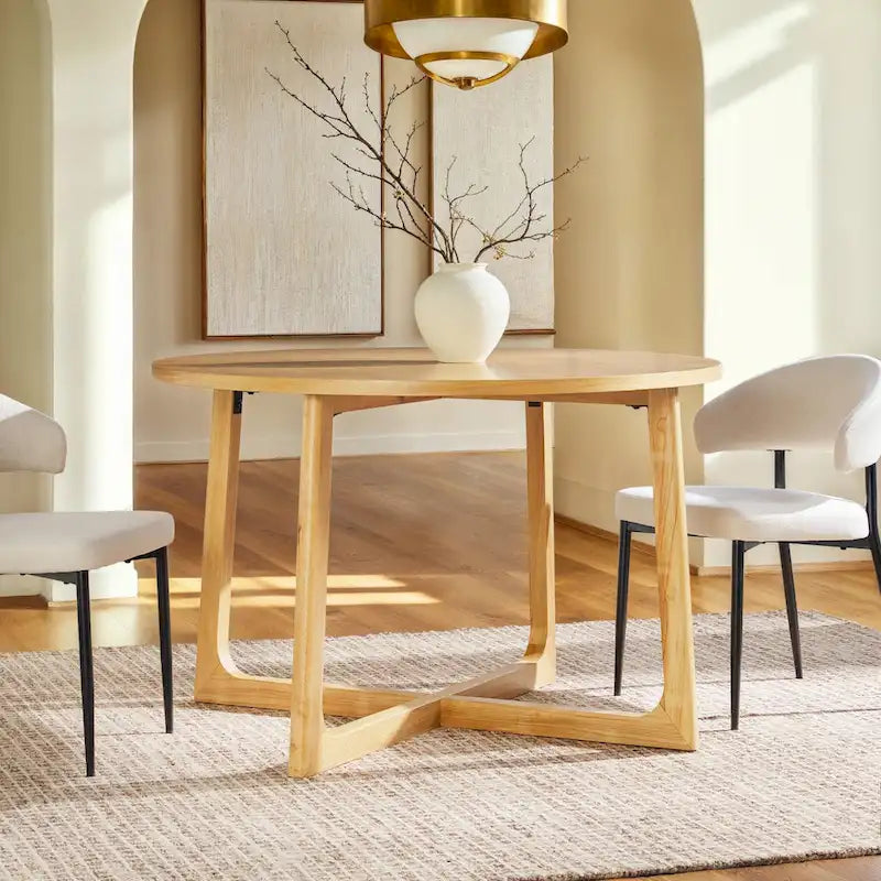 Table à manger moderne ronde en bois massif avec piètement géométrique