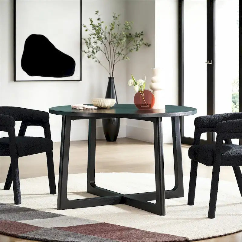 Table à manger moderne ronde en bois massif avec piètement géométrique