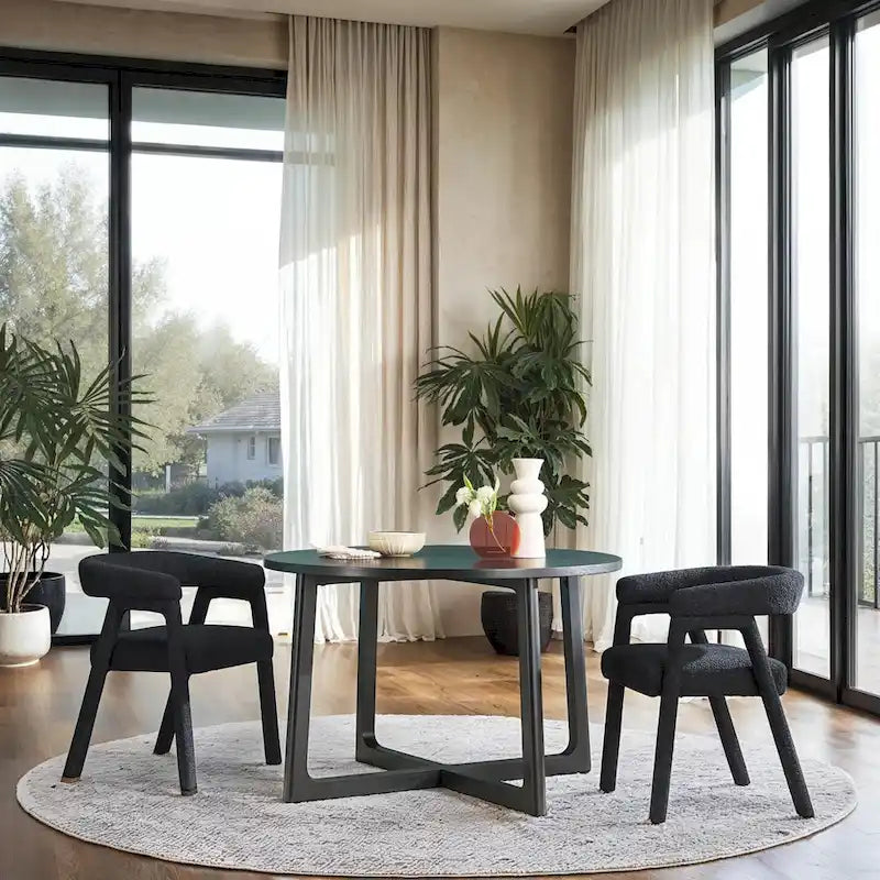 Table à manger moderne ronde en bois massif avec piètement géométrique
