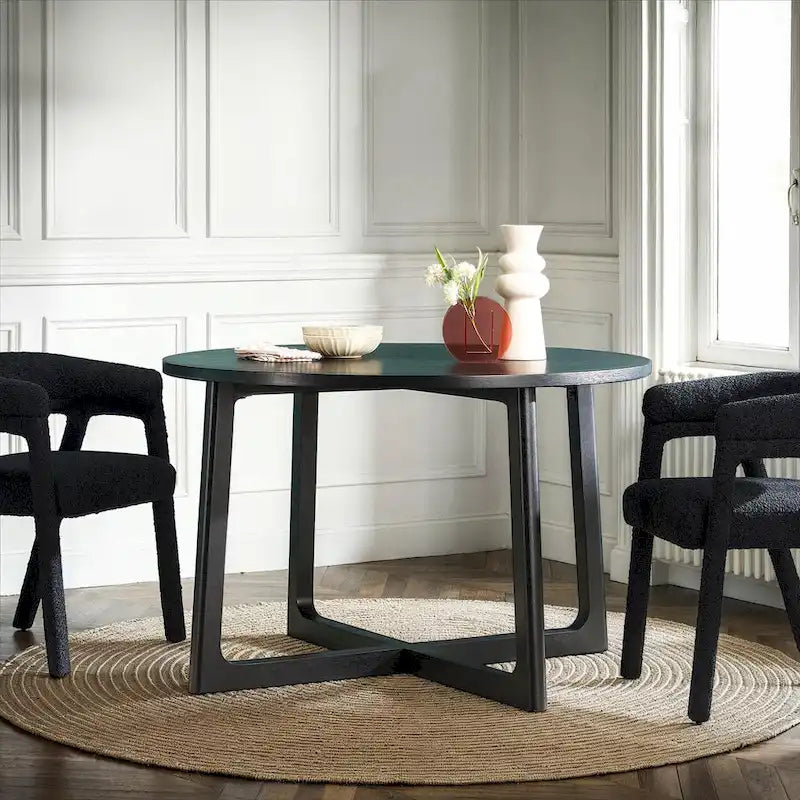 Table à manger moderne ronde en bois massif avec piètement géométrique