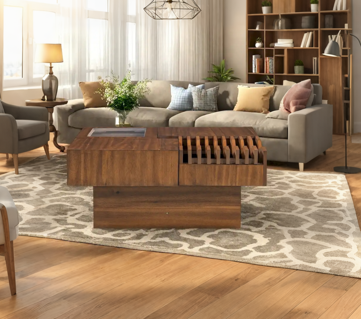 Table basse carrée multifonctionnelle en bois massif avec design ondulé et tiroirs de rangement (33 cm)