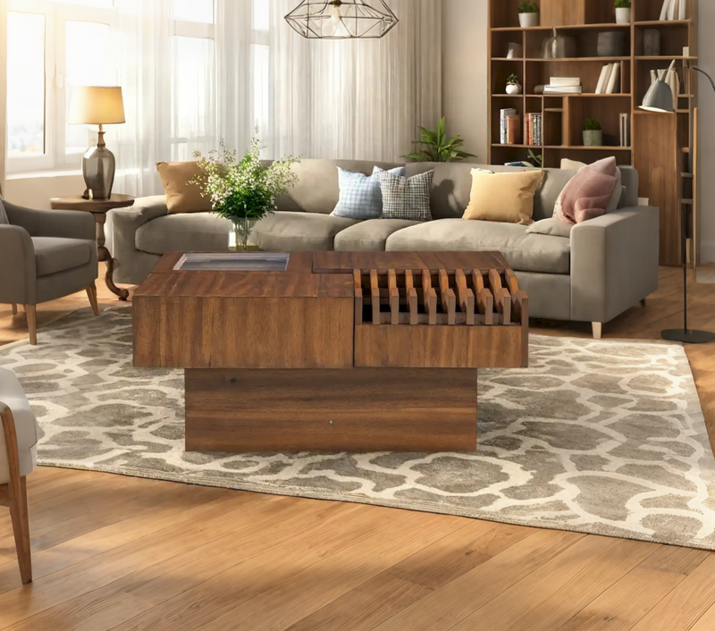 Table basse carrée multifonctionnelle en bois massif avec design ondulé et tiroirs de rangement (33 cm)