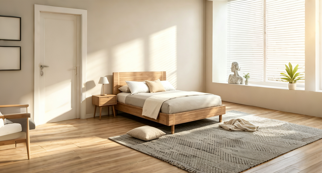 Lit plateforme en bois sable (beige) avec pieds finition or